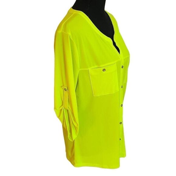 Ellen Tracy Womens Yellow Tab Sleeves Button Front Blouse Large - Picture 4 of 14